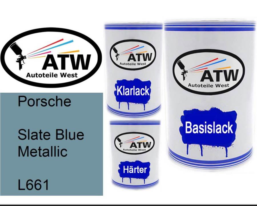 Porsche, Slate Blue Metallic, L661: 500ml Lackdose + 500ml Klarlack + 250ml Härter - Set, von ATW Autoteile West.